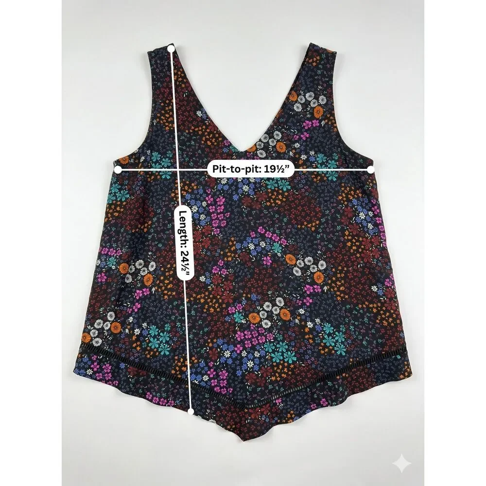 A.N.A‎ Black Multi Micro Floral V-Neck Tank Top Crochet Trim